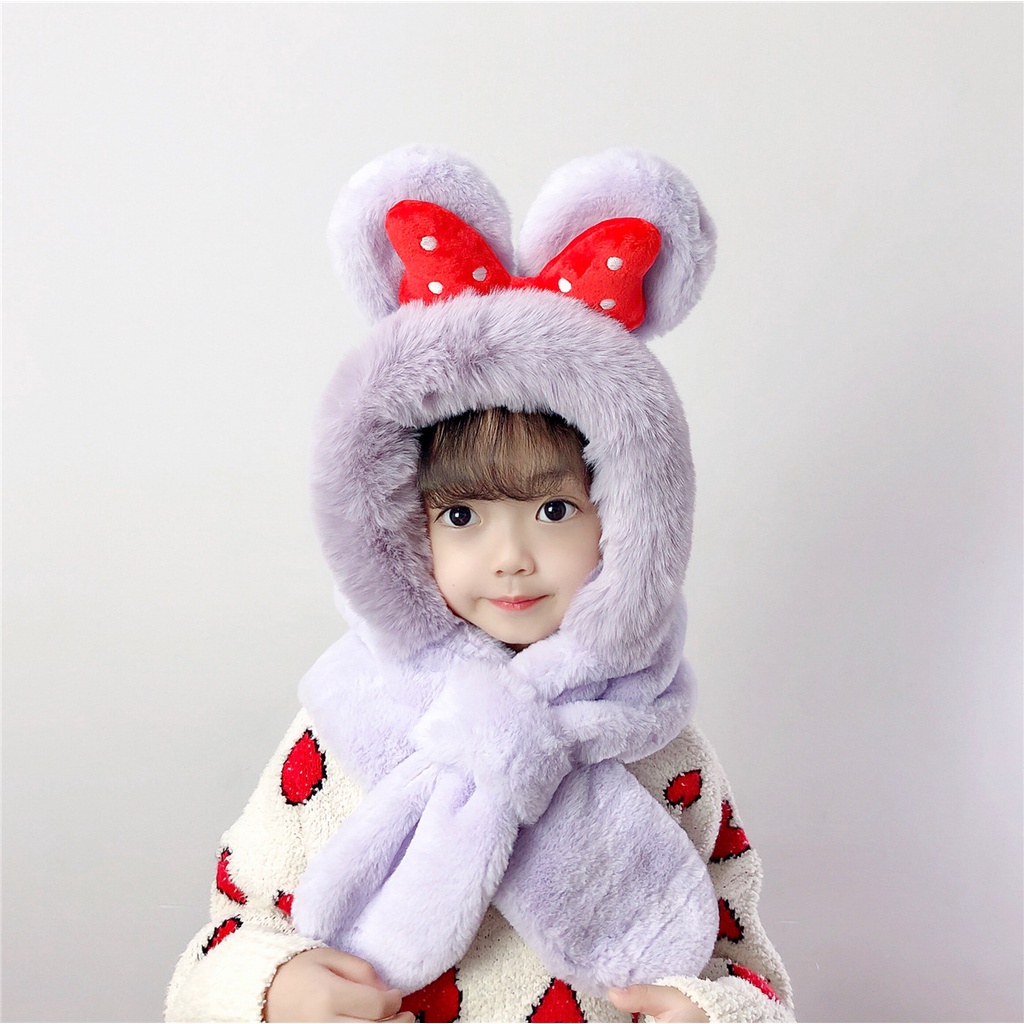 Mũ trùm đầu ấm áp mùa đông có đính nơ hoạt hình dành cho em bé