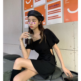 【JMWOMEN】Đầm Ngắn Dáng Chữ A Cổ Vuông Màu Đen Thời Trang Quyến Rũ Cho Nữ