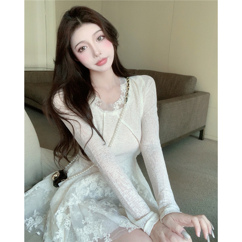 Đầm xòe tay dài vải lưới phối ren thời trang xinh xắn cho nữ