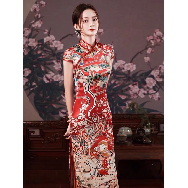 Sườn xám xẻ đỏ🌹thượng hải dáng váy dài. Váy ôm sát body cổ trang