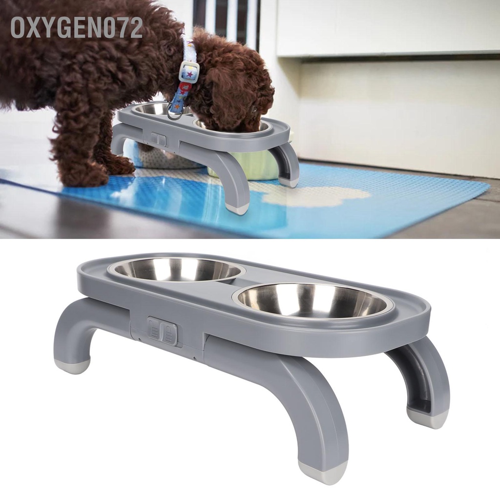 Oxygen072 Bát đôi đựng thức ăn Siêu Rẻ cho chó mèo - có thể điều chỉnh Chiều cao bằng thép không gỉ