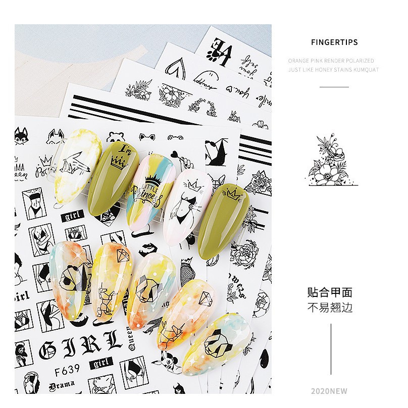 [Hàng mới về] Nhãn dán trang trí móng tay màu đen trắng 3D phong cách châu Âu dễ sử dụng