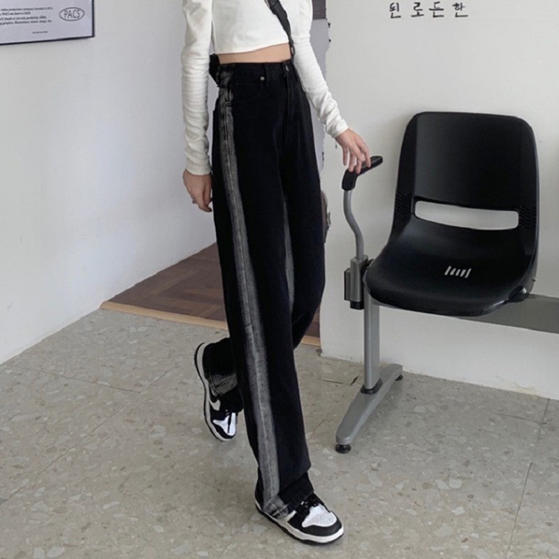 Quần jean ống đứng lưng cao màu đen phong cách retro dành cho nữ