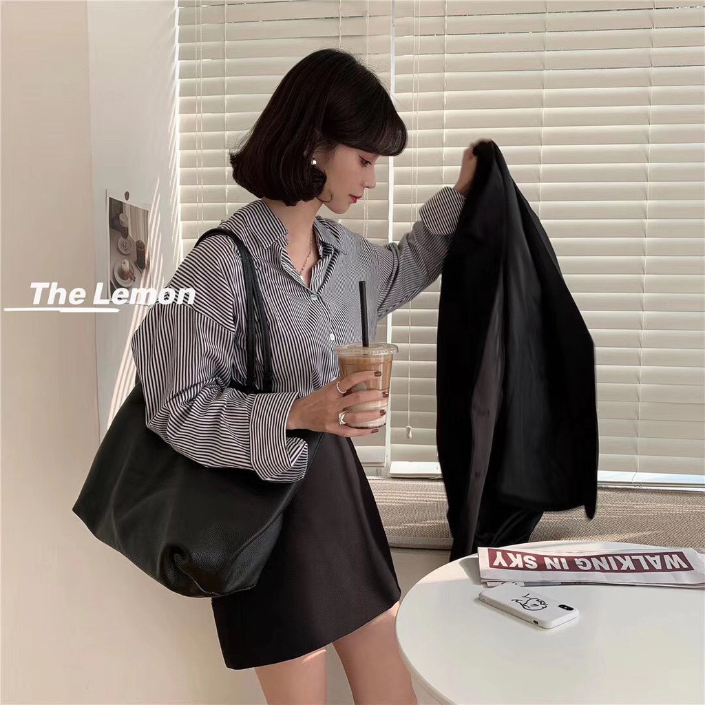 Áo sơ mi dáng rộng kẻ sọc thiết kế đơn giản cá tính