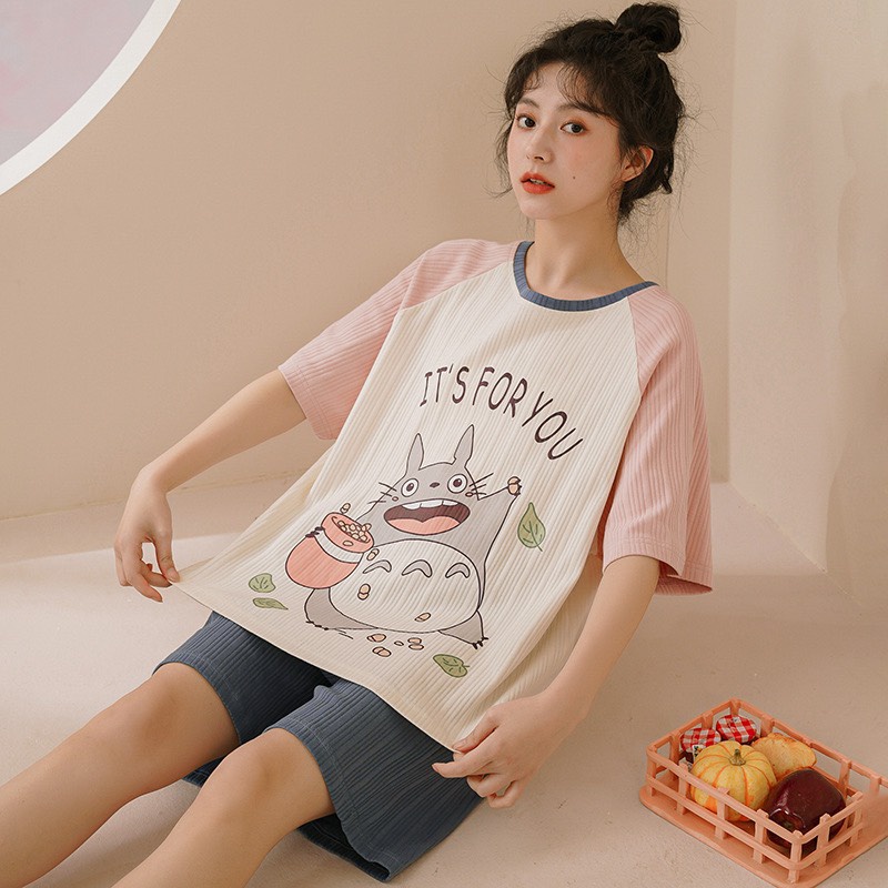 Bộ mặc nhà hè cotton vân sọc mèo Totoro