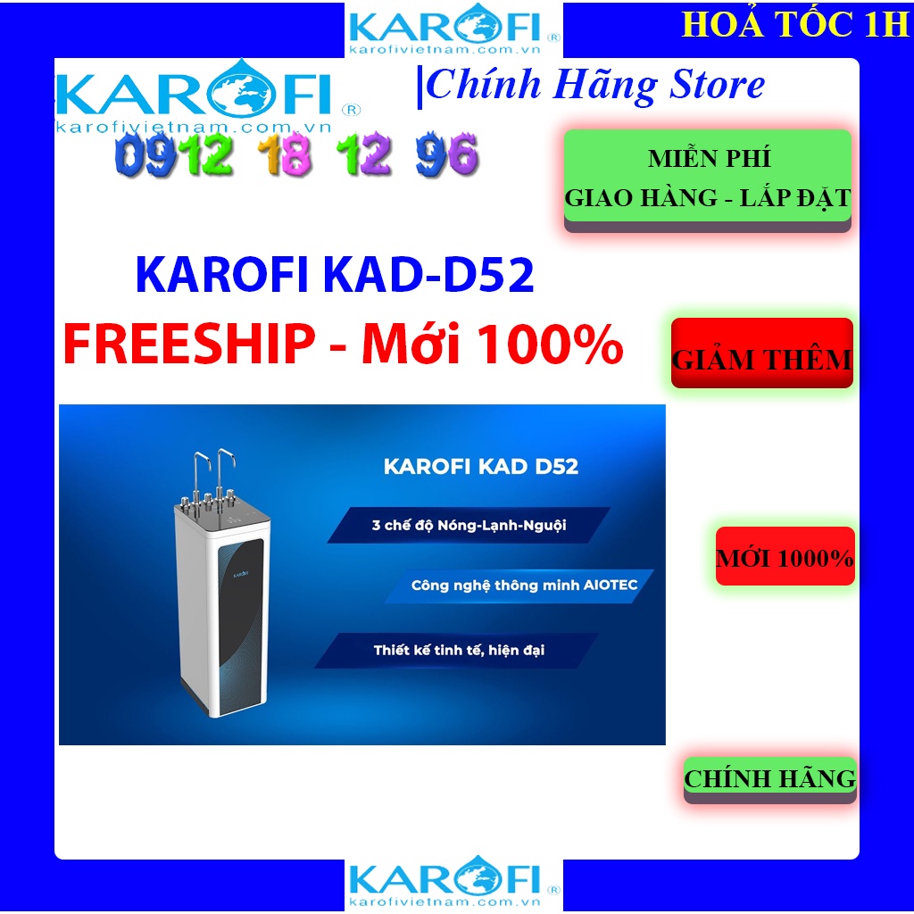 [Mã ELHAMS5 giảm 6% đơn 300K] [KAROFI KAD-D52] MÁY LỌC NƯỚC NÓNG LẠNH KAROFI KAD-D52, Bảo hành chính hãng 3 năm.