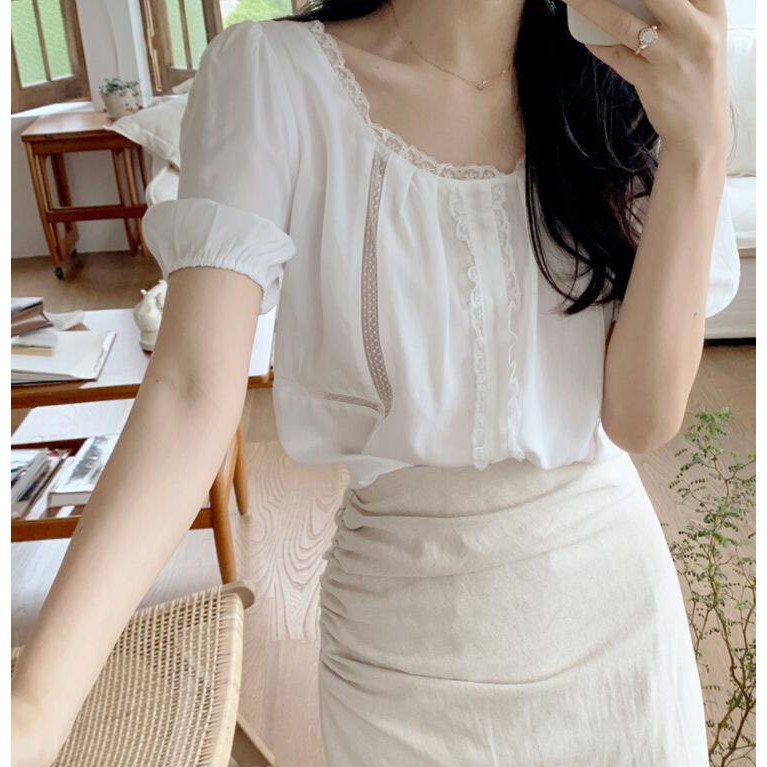Áo kiểu tay ngắn phối ren màu sắc ngọt ngào phong cách Hàn Quốc cho nữ 44027