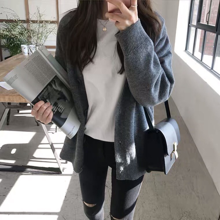 Áo khoác cardigan len nữ dày dài áo khoác màu đen nâu kaki xám ulzzang vintage Hàn Quốc mùa đông 2021 AC8