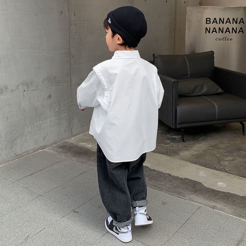 Áo Sơ Mi Tay Dài/Tay Ngắn Màu Trơn Thời Trang Xuân Thu Cho Bé Trai