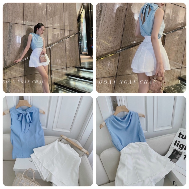 ❤️Set áo xanh khoét ngực thắt nơ + short trắng ❤️❤️
