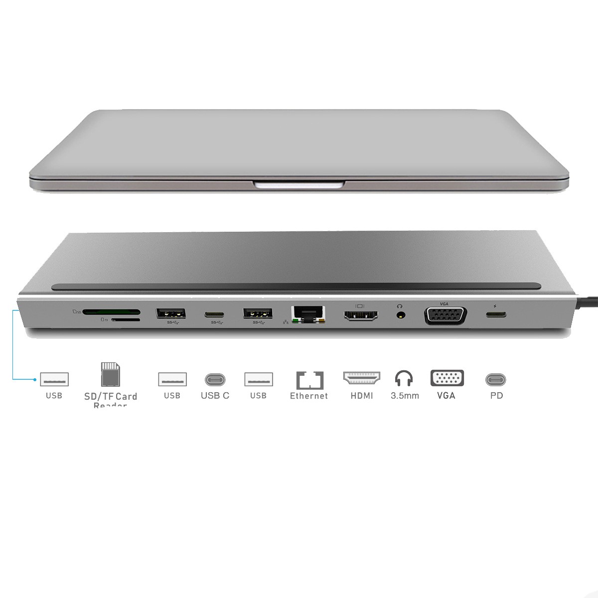 Đế Sạc Usb Type C Sang Hdmi Vga Rj45 Ethernet Usb 3.0 Sd / Tf 11 Trong 1 Cho Macbook Pro