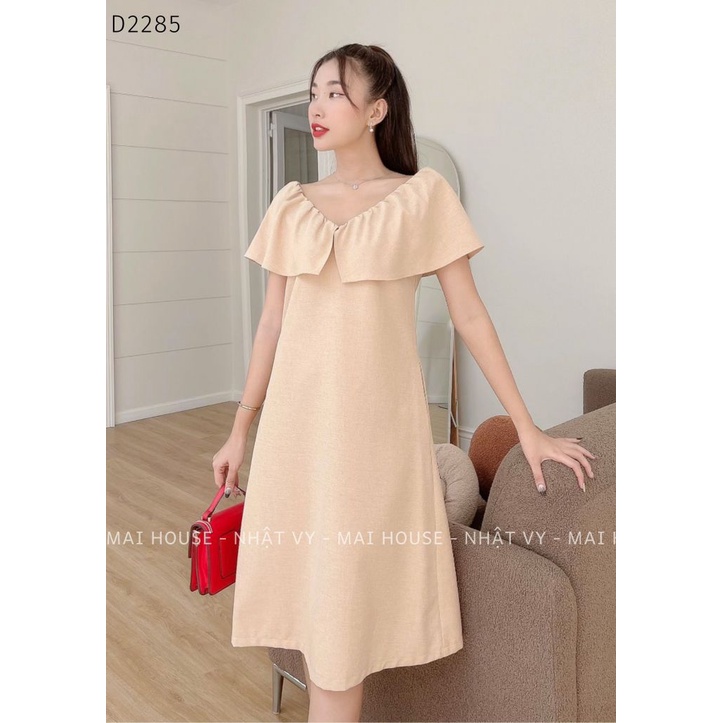 Đầm Nữ NHẬT VY Sát Nách Cổ V Tay Bèo Trễ Vai Chất Linen Đi Tiệc Dáng Suông Màu Xanh, Nude - D2285