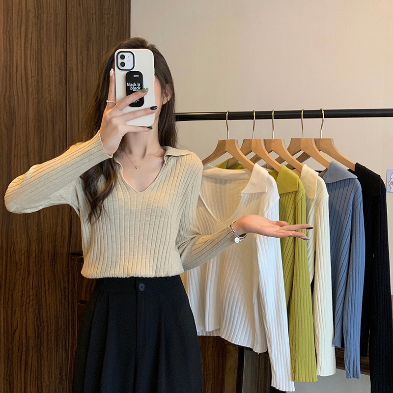 Áo kiểu ZHELIHANGFEI vải dệt kim tay dài cổ polo dáng ôm thời trang cá tính cho nữ