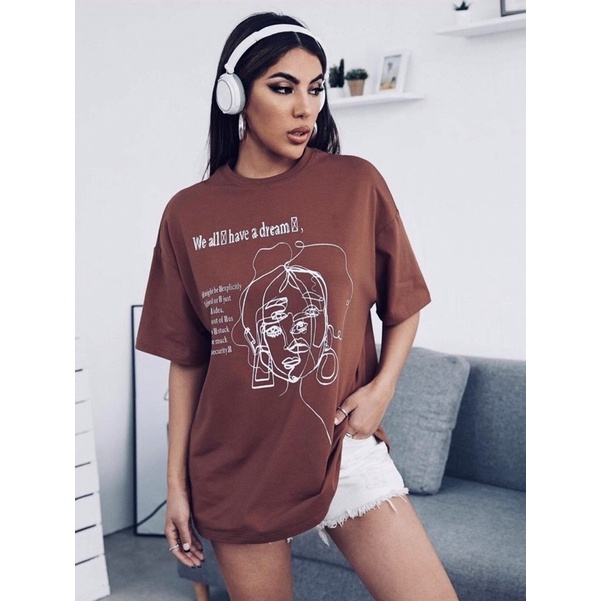 Áo cánh dơi form rộng cotton in mặt cô gái, 2 màu