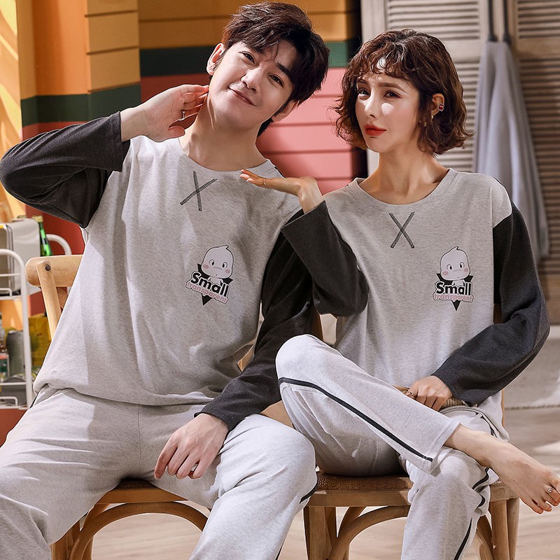 ﹉Couple pyjama nữ cotton mùa xuân thu đông size lớn dài tay nam phục vụ sinh viên mặc nhà có thể đi chơi