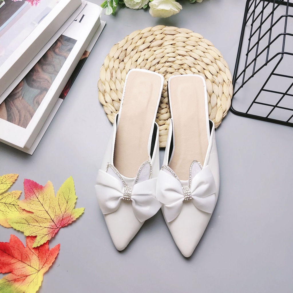Giày búp bê nữ mũi nhọn phối nơ chất da mềm cao cấp