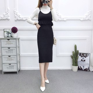 Váy len dài thắt eo xoè giữa hai dây