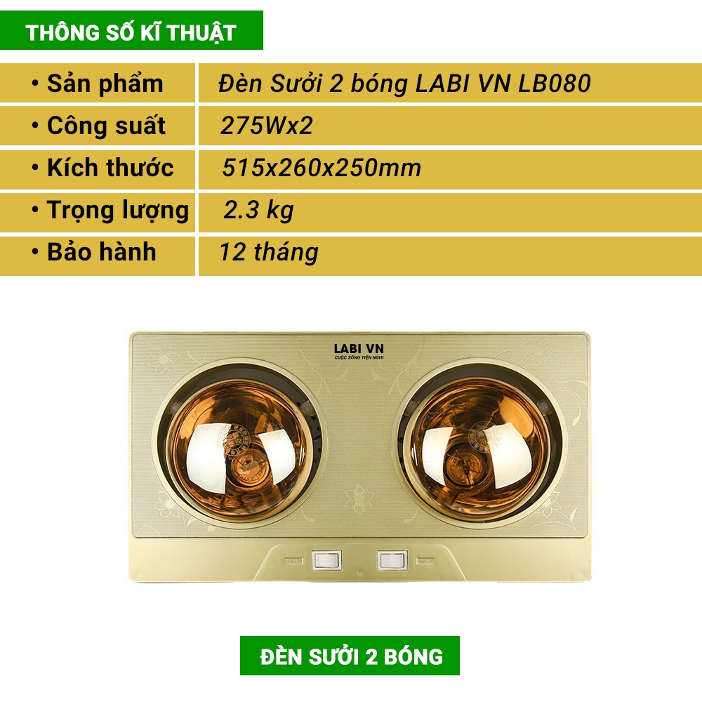 Đèn sưởi nhà tắm LABI VN LB080 cao cấp tiết kiệm điện, bóng đề phủ nano không gây chói mắt
