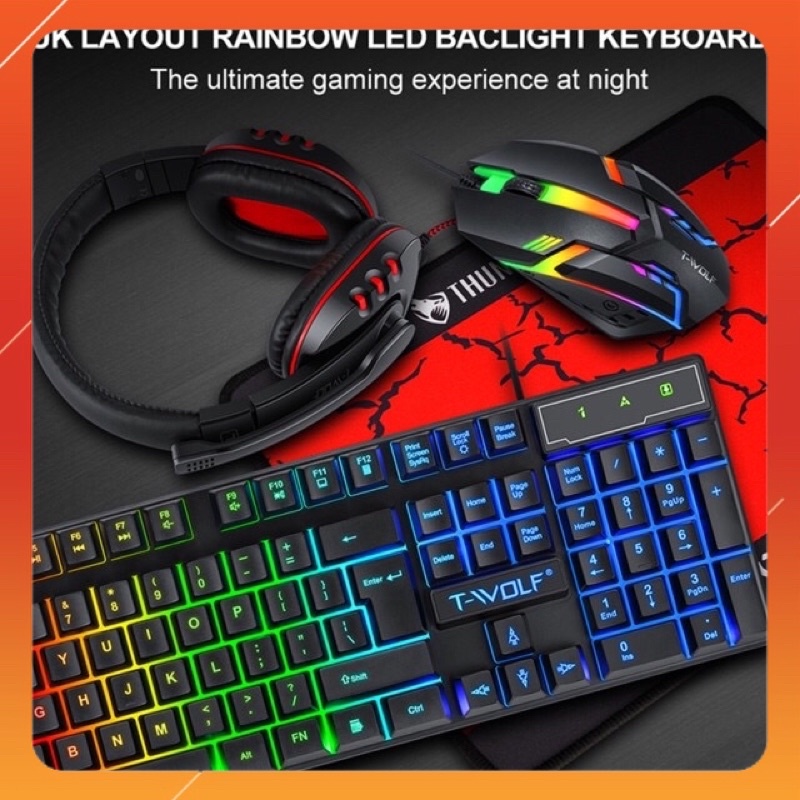 BÀN PHÍM GAMING  [ COMBO 4 MÓN ][ Combo 4 món T-Wolf Siêu hot ( Bàn phím+Tai nghe led+ Chuột led+Padmouse)