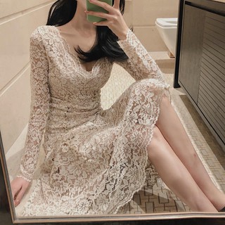 Đầm ren cổ v thanh lịch dáng xoè midi-/ảnh thật