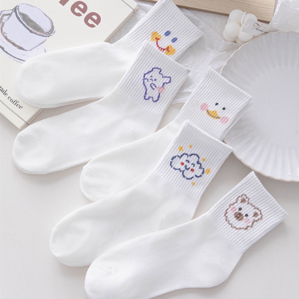 Tất cổ cao nữ, vớ nữ trắng họa tiết dễ thương vải set 5 đôi Phong cách Hàn Quốc
