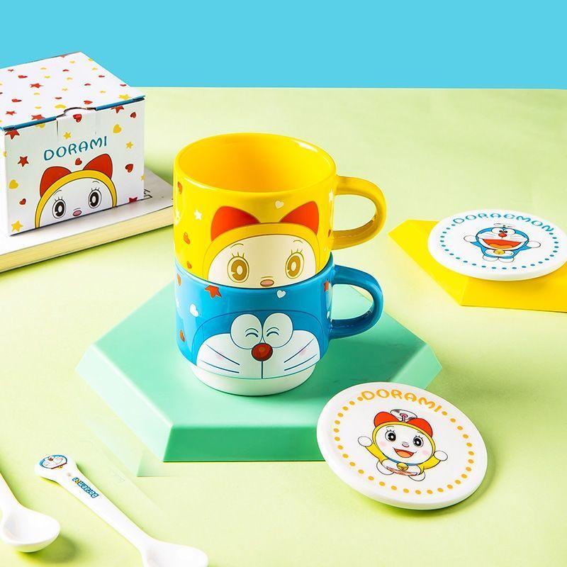 Đôrêmon cốc nước cốc cốc gốm sứ phim hoạt hình màu xanh chất béo cốc trà gia đình cốc cà phê gốm sứ cốc xếp chồng