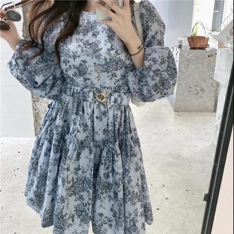 Đầm xòe IELGY tay dài cổ tròn in họa tiết thời trang thanh lịch cho nữ