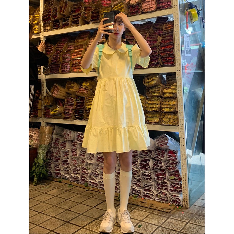 Đầm Ngắn Tay Cổ Búp Bê Phong Cách Nhật Bản