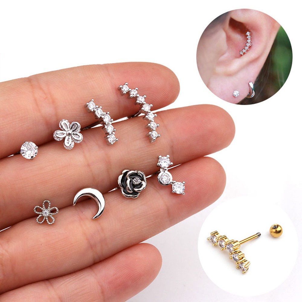 Khuyên Xỏ Sụn Tai Bằng Thép Không Gỉ Đính Đá Zircon Nhiều Màu Thời Trang