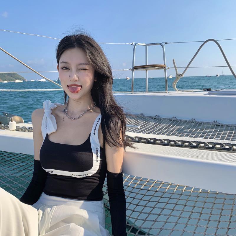 Áo Hai Dây Dáng Ôm Phối Ren In Chữ Thời Trang Mùa Hè Quyến Rũ Cho Nữ