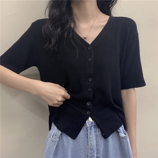 Đen Áo Cardigan Dệt Kim Tay Ngắn Cổ Chữ V Dáng Rộng Thời Trang Xuân Hè Dành Cho Nữ 2021