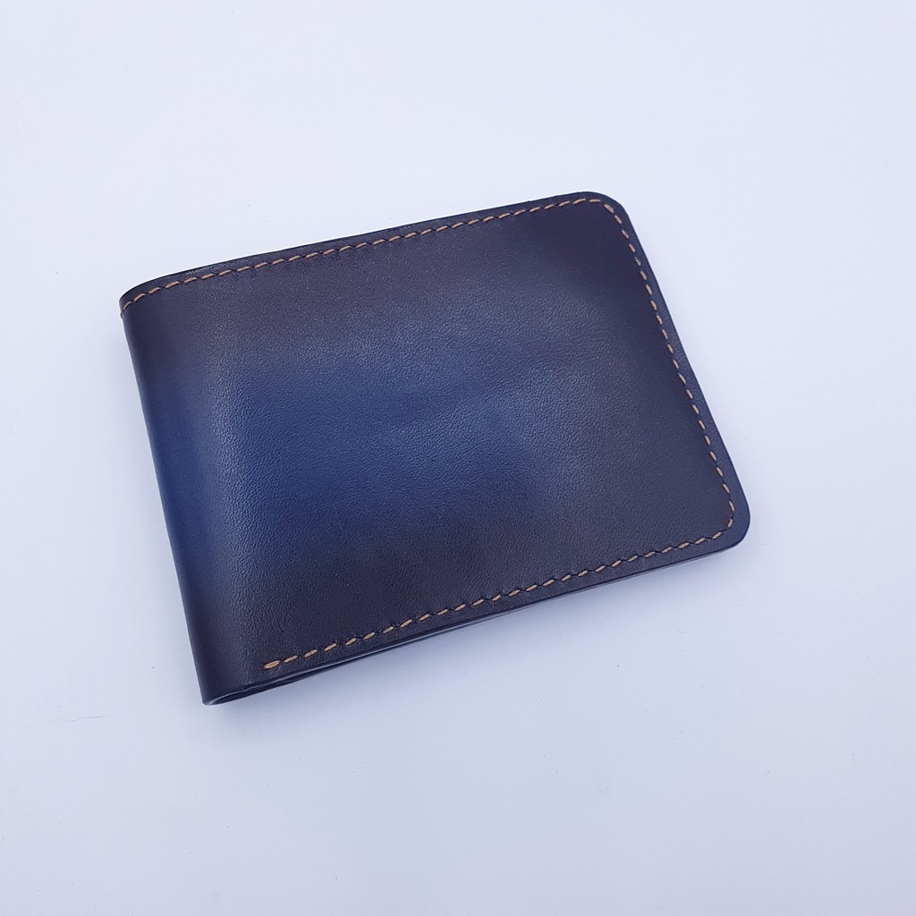 Ví nam dáng gập đôi màu xanh navy Patina, ví da handmade da bò thật nhập khẩu, nhận khắc tên và hình miễn phí