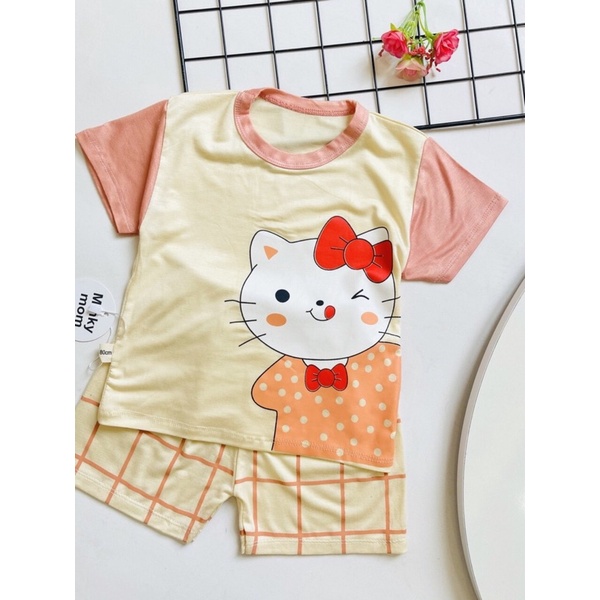 Bộ quần áo thun lạnh Minkymom hoạ tiết hình thú quần kẻ caro mềm mịn mát cho bé 5-15kg