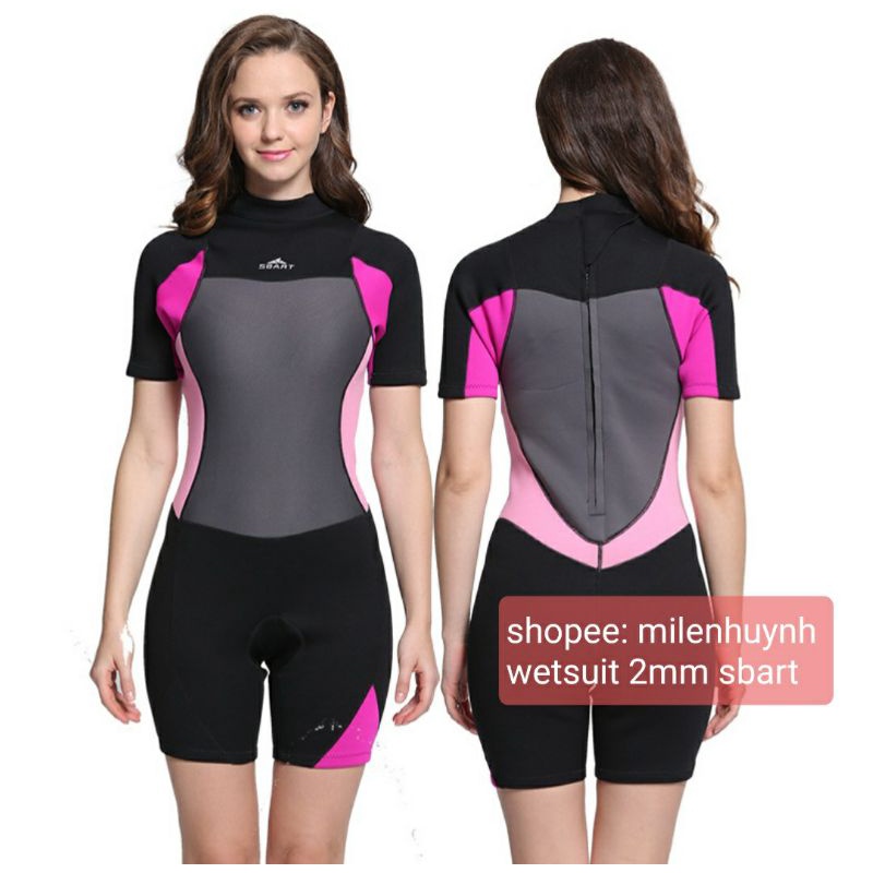Bộ bơi giữ nhiệt dày 2mm ngắn tay cho nữ 38-70kg mẫu đen phối hồng đẹp, wetsuit cho nữ