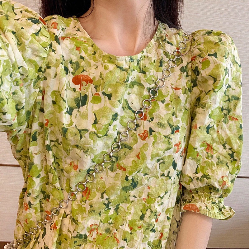 Đầm in hoa vỡ màu xanh lục phong cách tình đầu thời trang Hàn Pháp retro mùa hè 2022 cho nữ