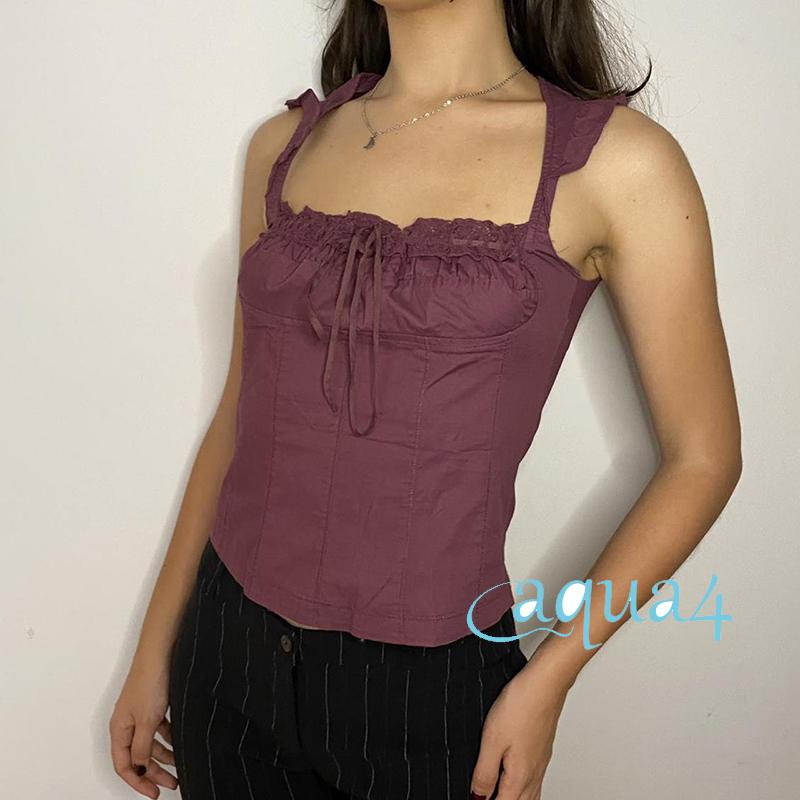 Anana-áo Sát Nách Cổ Vuông Ghép Vải Ren Đường Phố Cho Nữ Size S/M/L