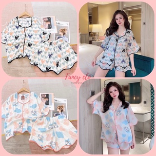 Đồ bộ mặc nhà quần đùi tay cánh dơi Pijama nữ kiểu viền sóng nước, chất lụa mango mềm mát - Freesize dưới 65 kg