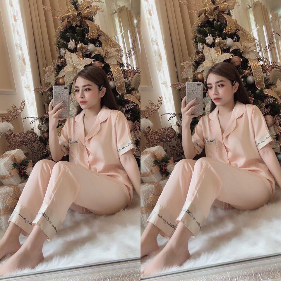 Đồ Bộ Pijama lụa phối chữ cộc dài