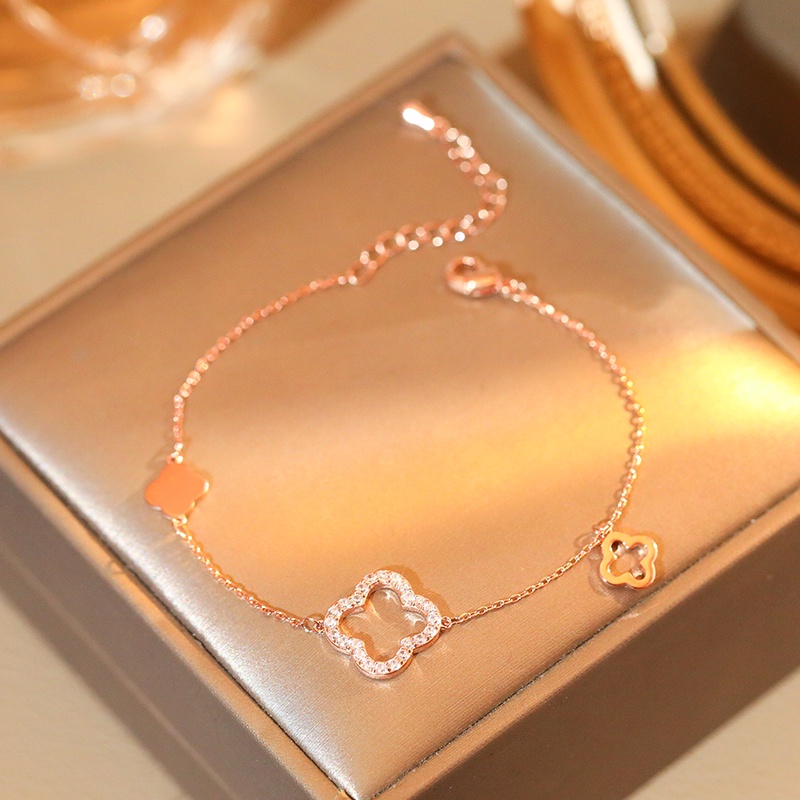 [Jiudolan] Vòng Tay Thép Titan Lên Màu Nhanh Hình Cỏ Bốn Lá Đính Kim Cương Thời Trang Cho Nữ