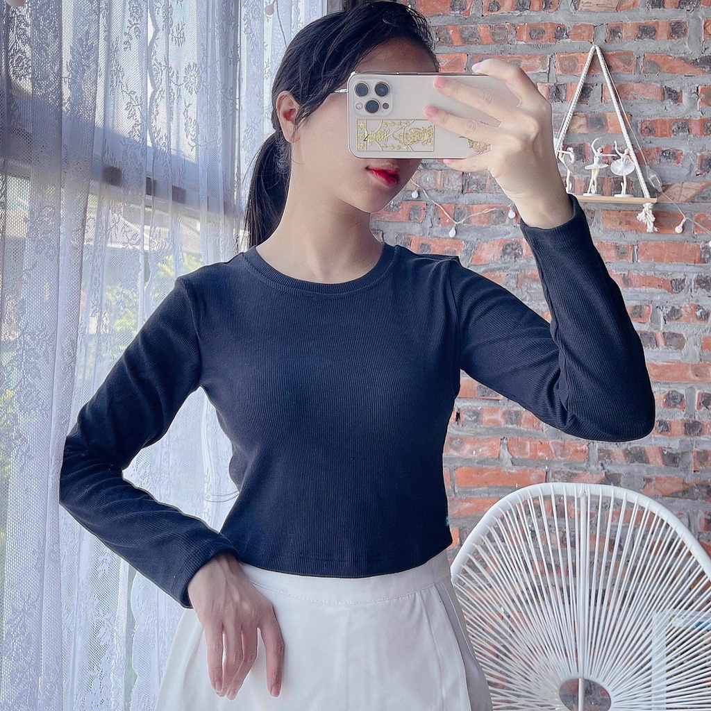 Áo croptop nữ ôm body dài tay thun gân 100% cotton, croptop nữ tay dài , Áo thun dáng ôm cổ tròn dài tay  -ACTNCTDT | WebRaoVat - webraovat.net.vn