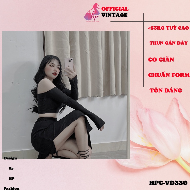 Set áo trễ vai croptop tay dài kèm chân váy xẻ tà đùi màu đen thun xịn kiểu hàn quốc tôn dáng VD330