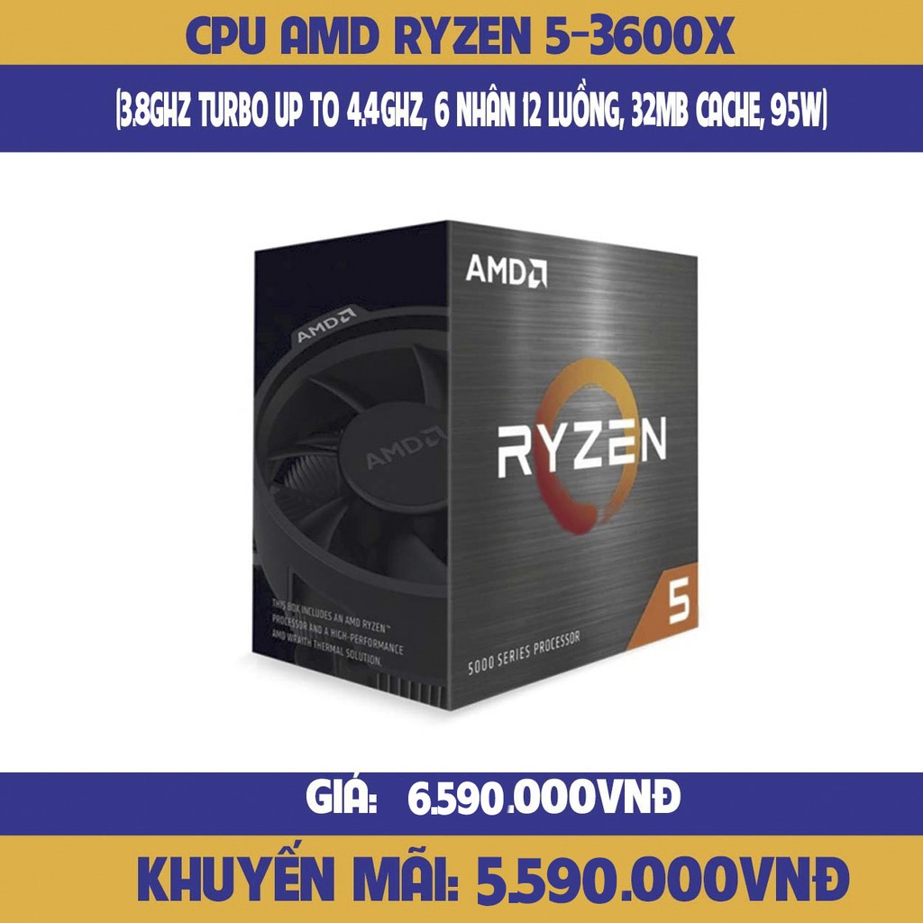 Bộ vi xử lý / CPU AMD Ryzen 5 3600X (3.8GHz turbo up to 4.4GHz, 6 nhân 12 luồng, 32MB Cache, 95W) Full Box nhập khẩu