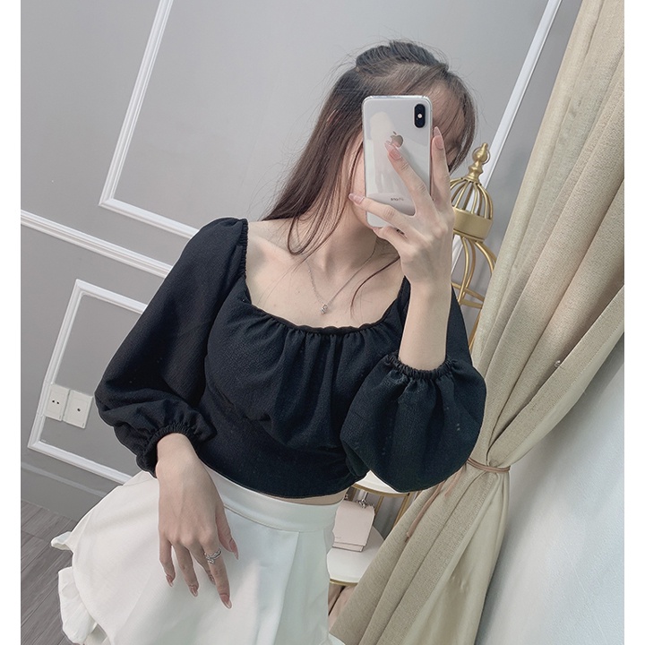 Áo kiểu nữ đẹp tay phồng croptop có mút ngực phong cách Hàn Quốc 2022