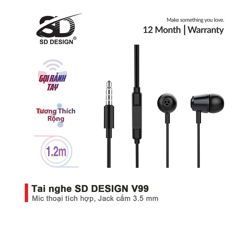 Tai nghe kỹ thuật số SD Design V99 jack cắm 3.5mm, có mic đàm thoại - Mango_Ovil