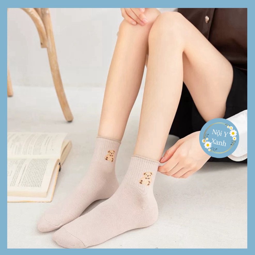 Tất dệt kim cổ cao thêu gấu Phong Cách Vintage Hàn Quốc Mẫu tcc2 Nội Y Xanh chất thoáng mát cao cấp