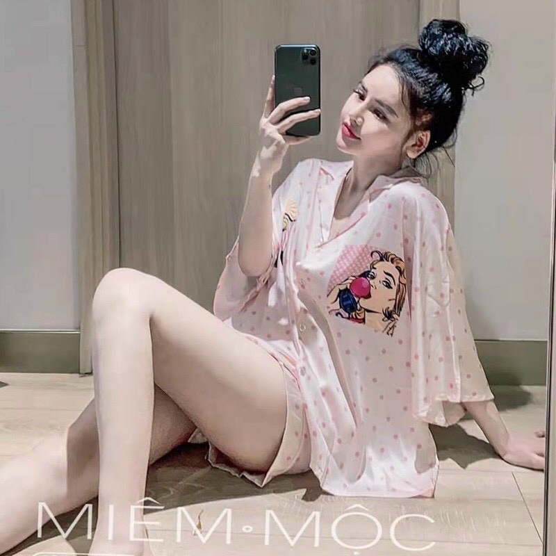 Pijama tay lỡ cánh dơi quần hình cô gái lụa