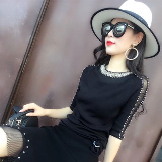 Áo Thun Tay Lửng Đính Hạt Kim Cương Thời Trang Xuân Hè Dễ Phối Đồ Cho Nữ