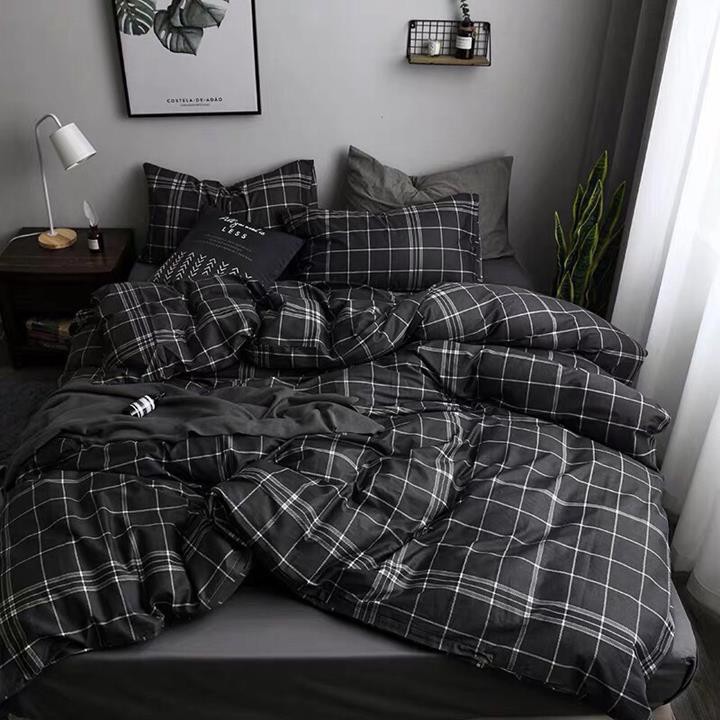 Bộ chăn ga gối drap giường chất cotton poly họa tiết kẻ đen