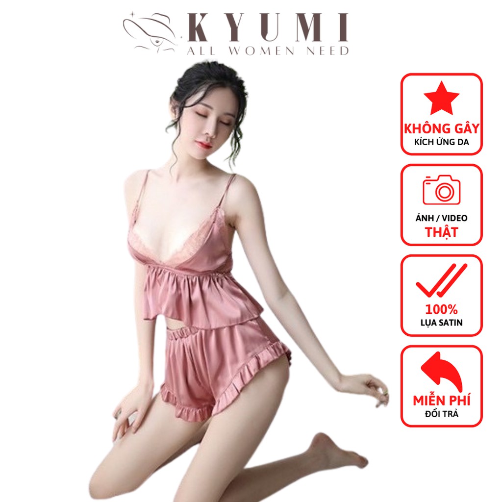 Đồ ngủ sexy đồ ngủ 2 dây phối ren ngực KYUMI OFFICIAL, chất liệu lụa satin mềm mịn, freesize 40-65kg tùy chiều cao 008