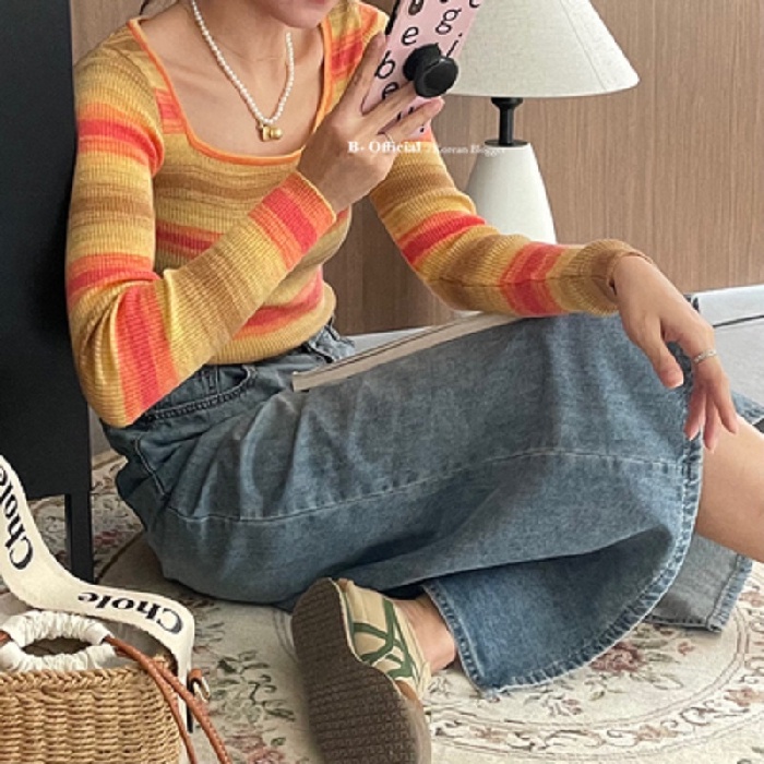 【ZHELIHANGFEI】Áo Sweater Tay Dài Cổ Vuông Dáng Ôm Kẻ Sọc Cầu Vồng Xinh Xắn Thời Trang